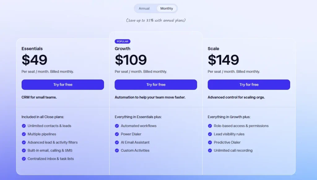 Close io crm pricing